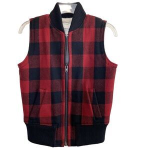 Madewell Buffalo Plaid Wool Blend Faux Sherpa Lined Vest Red Black Size XS